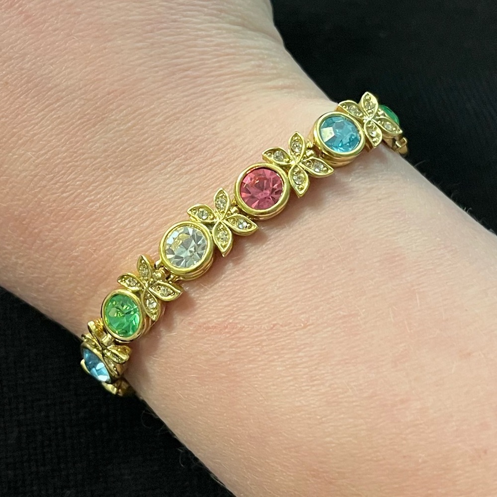 Multicolor CZ Gold Tone Link Bracelet, 7”